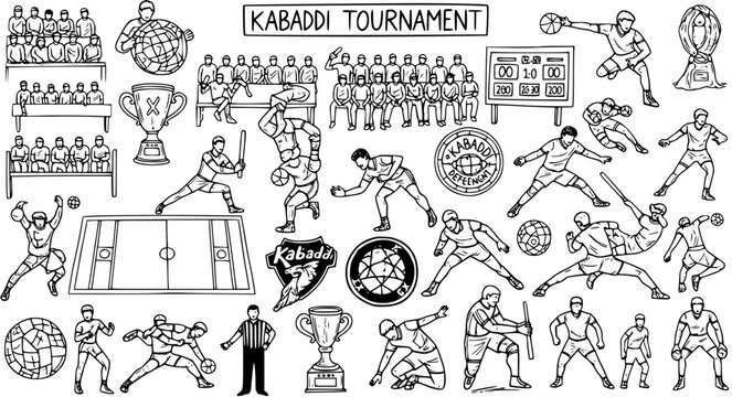 Black and White Line Art Illustration of a Kabaddi Tournament with Players, Trophies, and Scoreboard