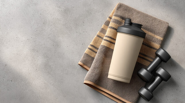Minimal wellness flat lay with whey protein powder, shaker bottle and dumbbells, clean modern fitness photography, ultra realistic render