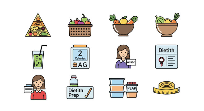 Physical therapy equipment icons set, medical rehabilitation tools for recovery. 8 vector illustrations of wheelchair, walker, treadmill, and prosthetic leg