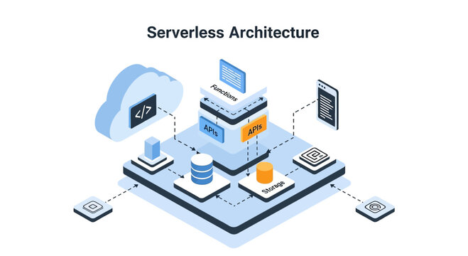 Serverless Architecture Abstract Isometric Illustration, Cloud Computing Concept