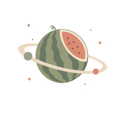 Minimal flat vector illustration of surreal watermelon planet with orbit rings in dreamy summer aesthetic style. © Evgeniia Blagikh
