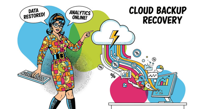 Retro Woman and Cloud Data Backup Recovery Concept