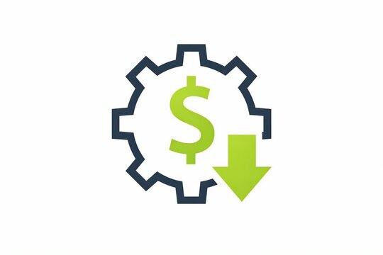 Green dollar sign icon with downward arrow inside gear shape