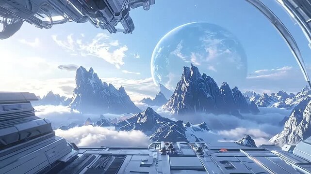 A futuristic spaceship corridor looking out at a distant planet
