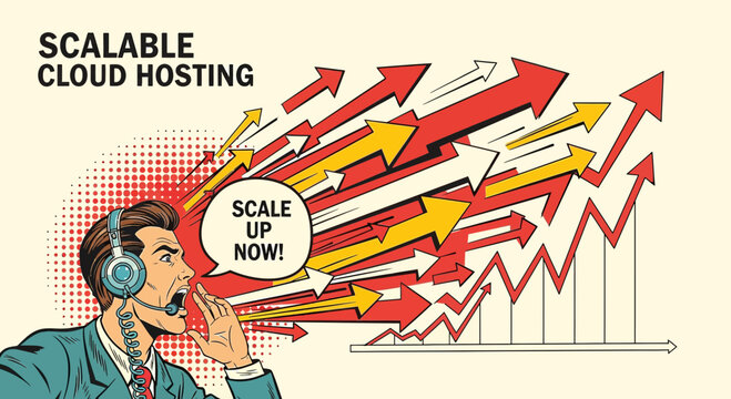 Scalable Cloud Hosting: Man Shouting 'Scale Up Now!' with Upward Trending Arrows