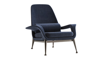 Fototapeta premium Dark blue velvet armchair with metal legs, isolated on transparent background