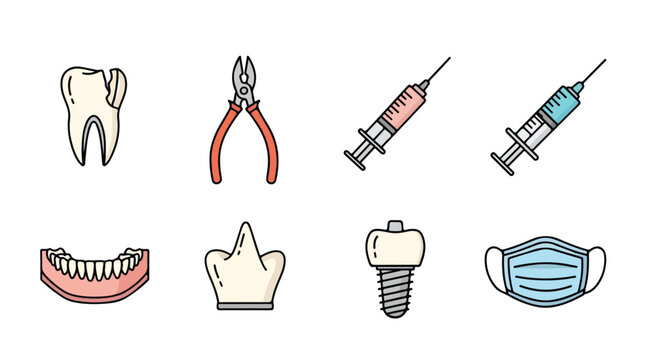 Physical therapy equipment icons set, medical rehabilitation tools for recovery. 8 vector illustrations of wheelchair, walker, treadmill, and prosthetic leg