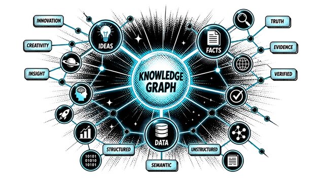 Retro Halftone Knowledge Graph Illustration with Connected AI Learning Data Nodes