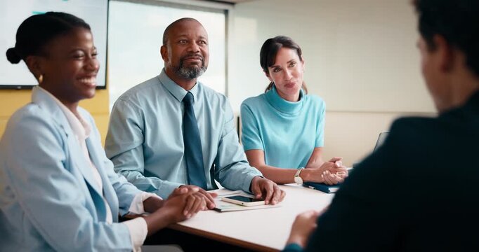 Business people, team or applause with handshake in meeting for agreement or partnership in office. Happy group, employees or shaking hands with smile or clapping for b2b success or deal in workplace