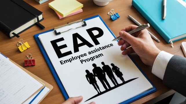 Hand pointing to EAP Employee Assistance Program document on clipboard in workplace setting