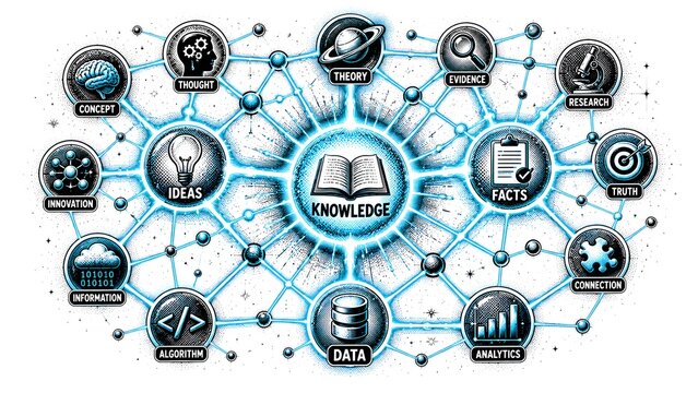 Retro Halftone Knowledge Graph Illustration with Connected AI Learning Data Nodes