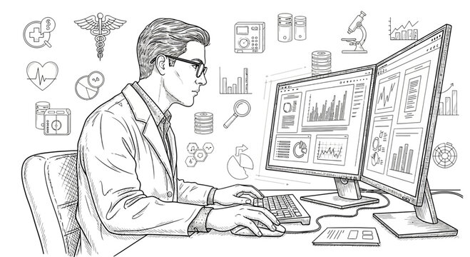 Scientist analyzing data on dual monitors with medical icons