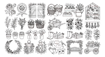 Obraz premium Hand drawn garden vector set, rustic botanical line art collection, vintage gardening tools and floral elements, black and white cottagecore illustrations