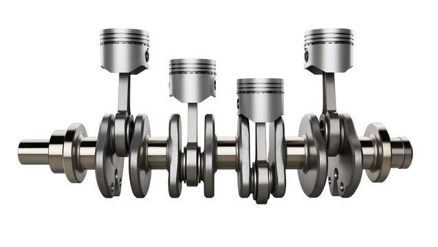 Four piston engine crankshaft assembly metallic, isolated on transparent background