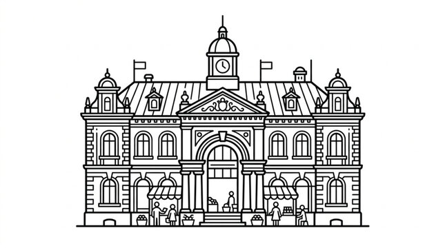 Ornate Building Facade with Clock Tower and Arched Entrance.