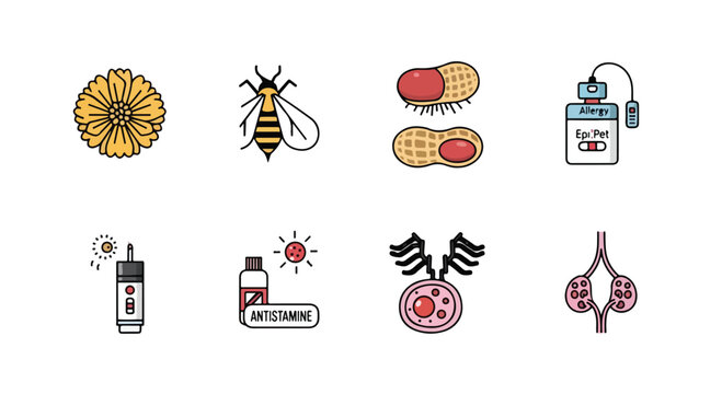 Allergy and Immunology Medical Icons Set, 8 Vector Illustrations of Epipen, Antihistamine, Peanuts, and Bee Sting for Healthcare Education