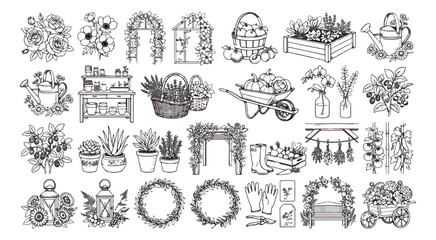 Obraz premium Rustic garden line art icons, hand drawn gardening elements set of 28 vector illustrations, vintage botanical sketches for backyard landscaping