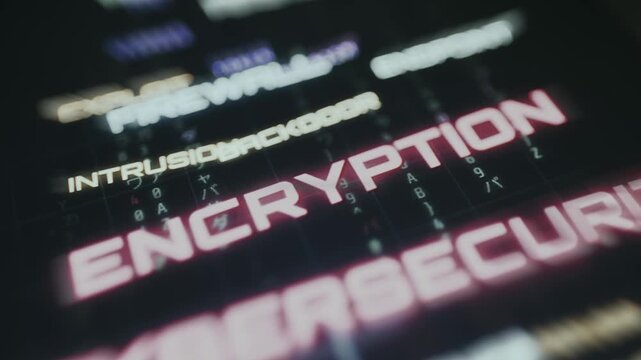 Cyber attack keyword cloud highlighting threat-related concepts, word Encryption in focus
