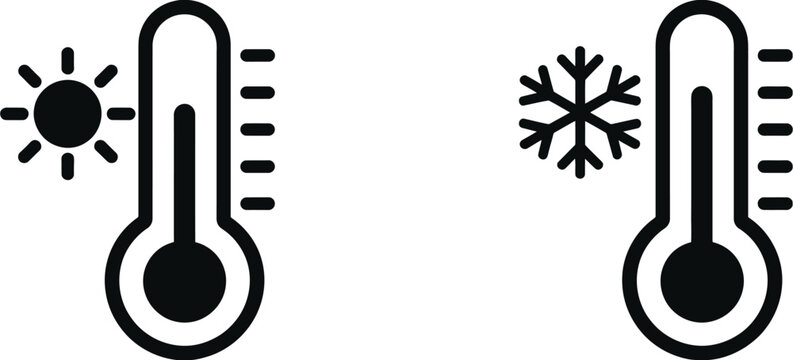 Temperature Control icon set, Thermometer with Sun and Snowflake symbols in clean silhouette vector style for Hot and Cold Climate indicators.