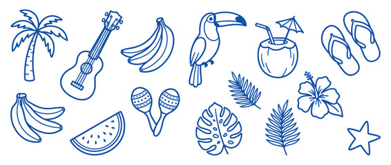 Fototapeta premium Collection of blue outline tropical summer icons including a palm tree, ukulele, toucan, and hibiscus flower on a white background