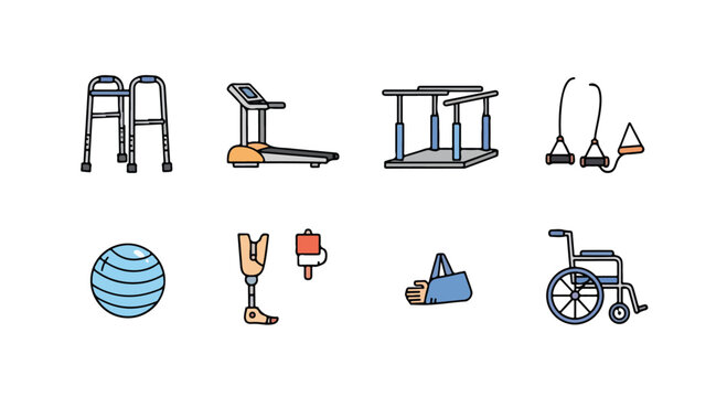 Physical therapy equipment icons set, medical rehabilitation tools for recovery. 8 vector illustrations of wheelchair, walker, treadmill, and prosthetic leg