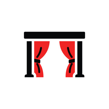 Black and red of a stage with curtains, isolated on a white background, representing a theater, performance venue, or entertainment setting with a proscenium arch and draped fabric