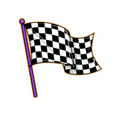Fototapeta premium Cartoon checkered racing flag on a purple flagpole isolated against white background art.