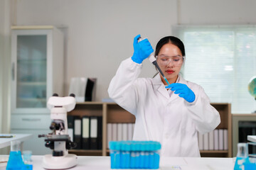 Fototapeta premium Female asian scientist in laboratory using pipette for scientific research. Developing medical diagnostic analysis. Performing chemistry experiment for biology study. Healthcare solution