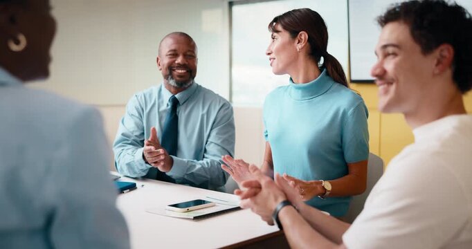 Happy, business people or handshake with team clapping in office for partnership, deal or agreement. Excited, employees or colleagues shaking hands with group applause or smile for b2b or onboarding