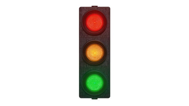 Vertical traffic signal with red yellow and green lights illuminated, isolated on transparent background