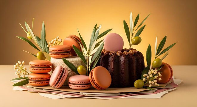 Assorted French macarons and miniature chocolate cake with olive branches during warm golden hour lighting
