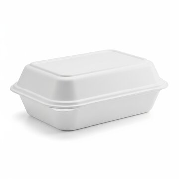 Disposable white styrofoam food container isolated on clear white background studio shot.
