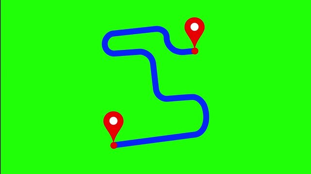 A minimalist vector animation showing a blue navigation line drawing a route between two red location pin icons on a chroma key green screen background. Perfect for travel vlogs, delivery tracking con