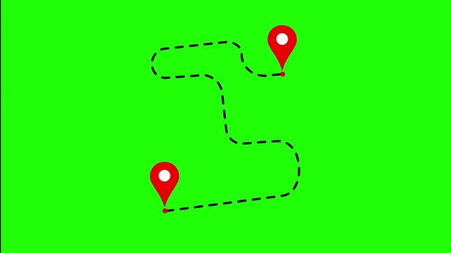 A minimalist vector animation featuring a dashed black navigation line drawing a route between two red location pin icons on a chroma key green screen background. Ideal for travel vlogs, delivery trac