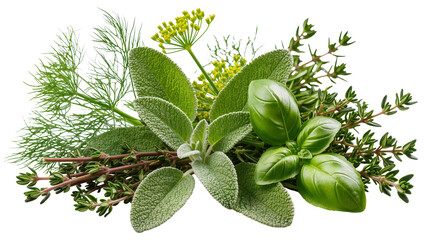 Fresh green basil sage dill and thyme herbs arranged together, isolated on transparent background © Hans