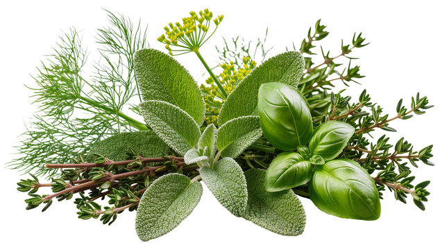 Fresh green basil sage dill and thyme herbs arranged together, isolated on transparent background