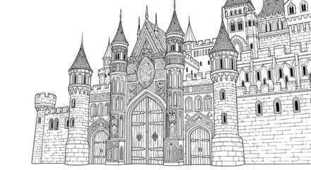 Obraz premium Intricate black and white illustration of a grand castle with detailed architecture