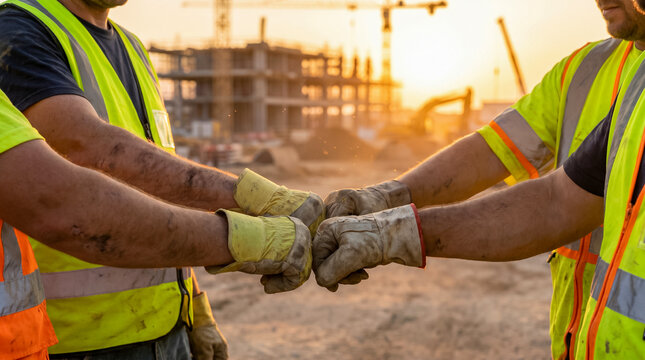 Construction workers in safety gloves fist bumping on building site at sunset
