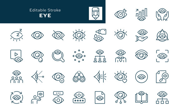 Eye outline icons set. Vision, open and closed eye, cry, sleep, view, hidden, look, focus, supervision and more. Line icon in linear style. Vector collection	