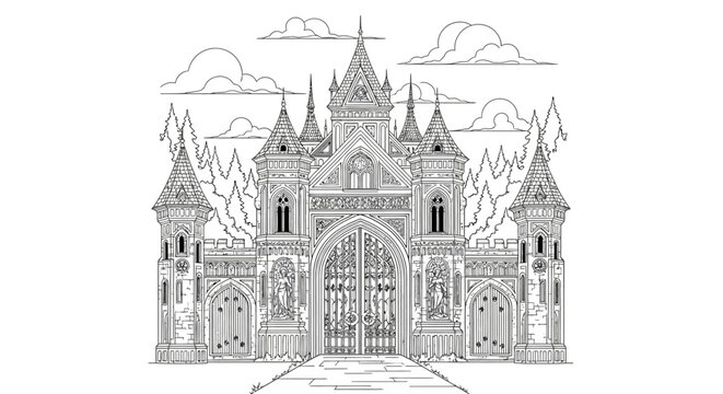 Intricate black and white illustration of a gothic castle with detailed architecture