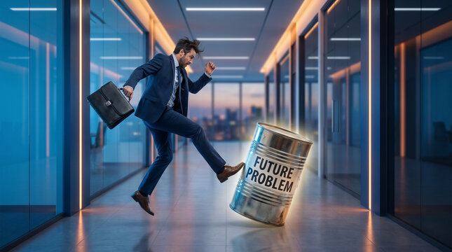 Businessman kicking dented tin can down office hallway