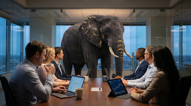 Elephant in the room concept with business meeting in corporate boardroom