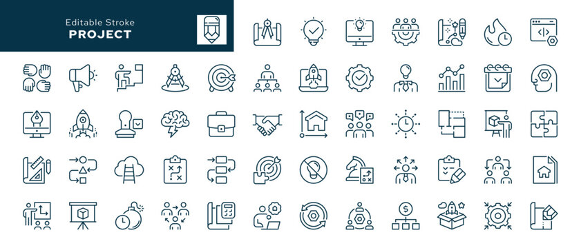 Project outline icons. Project management, design, team, organization, planning, start-up, teamwork, marketing. Line icon in linear style. Vector collection