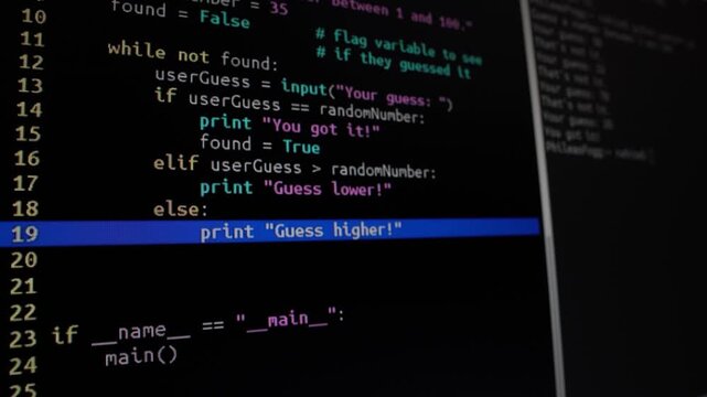 View of a monitor screen with programming, writing a program