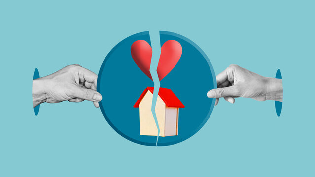 Property division and divorce concept with married couple separating real estate assets, legal dispute over house ownership, relationship breakup, family law, and financial settlement