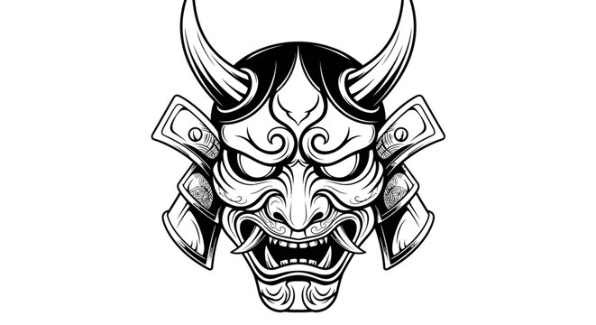 Intricate black and white oni mask illustration on clean white background
