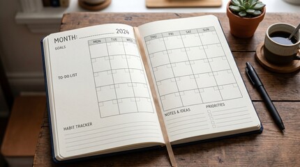 Obraz premium A planner mockup lies open on a wooden desk next to a cup of coffee and a pen.