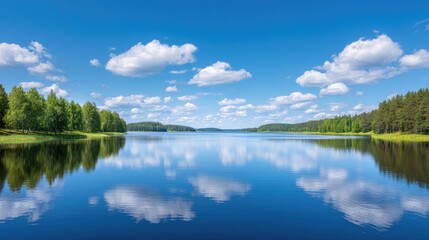 Obraz premium Serene Blue Lake Surrounded by Lush Green Trees Under a Clear Sky with Fluffy Clouds and Perfect Reflections in Calm Water