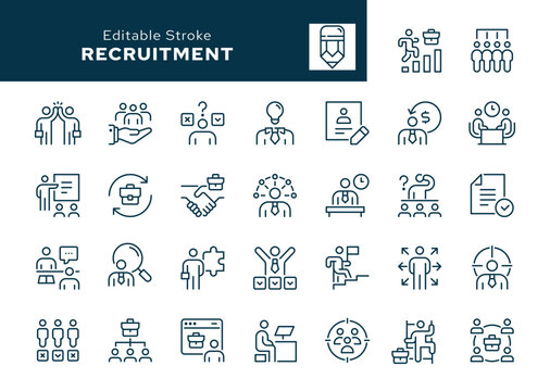 Recruitment outline icons set.  Headhunting, career, job, candidate, resume, recruit, employee, partnership, scills, staff and more. Line icon in linear style. Vector collection	
