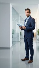 Fototapeta premium Vertical scene of solo data strategist standing confidently in modern office
